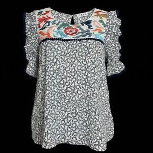 THML Womens Medium Embroidered Floral Bird Boho Ruffle Sleeve Rayon Blouse Navy